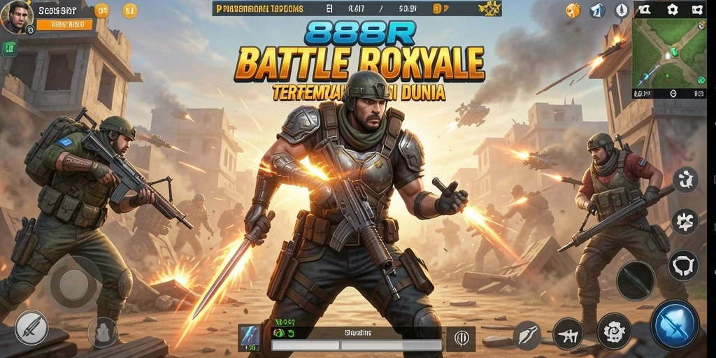 Tampilan gameplay 888R menampilkan aksi pertempuran yang mendebarkan di arena Battle Royale.