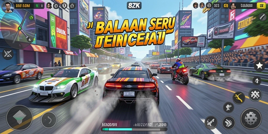 Tampilan gameplay balapan seru di 8ZK yang menegangkan.