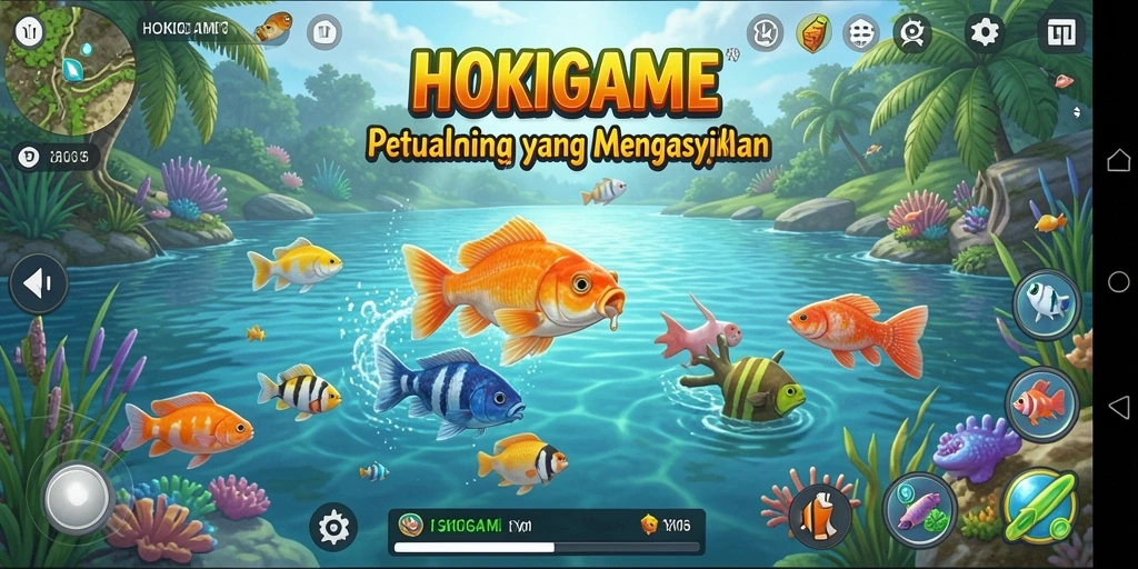 Menampilkan gameplay seru dalam HOKIGAME dengan memancing ikan.