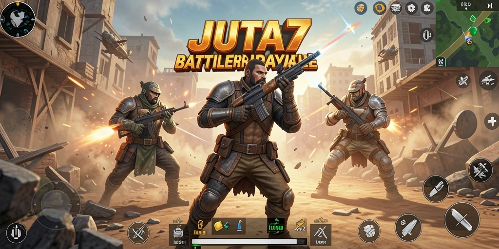 Tangkapan layar utama JUTA7 menampilkan aksi mendebarkan dalam pertarungan Battle Royale.
