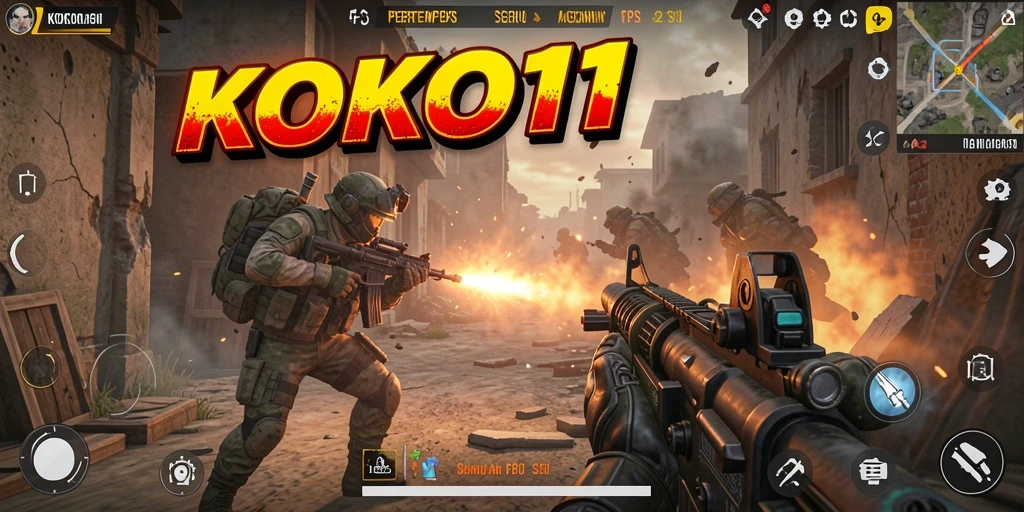 Gameplay KOKO11 yang menegangkan dengan aksi tembak-menembak intens.