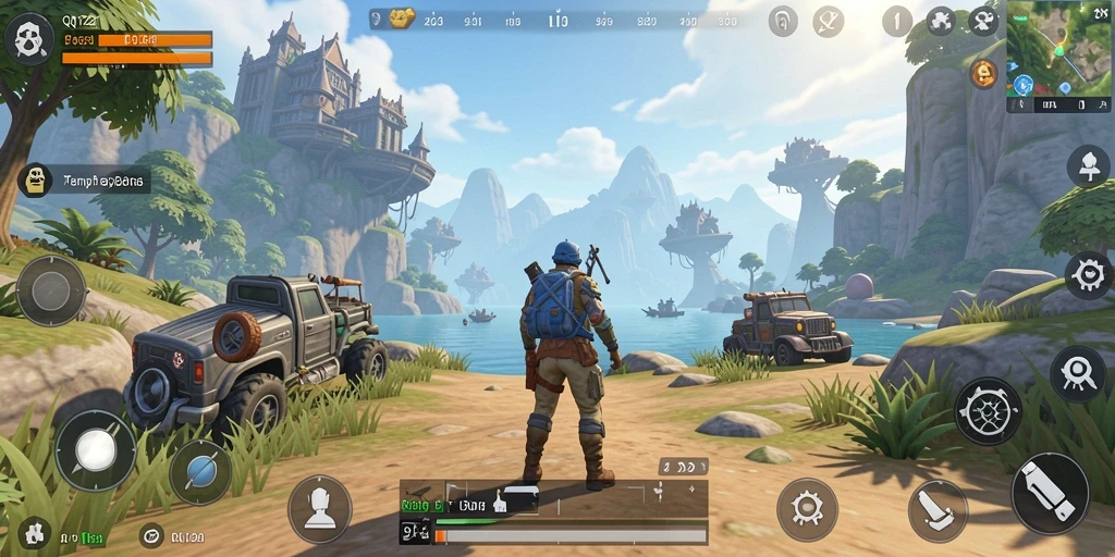 Tangkapan layar gameplay QQ1221 menampilkan petualangan di dunia terbuka yang luas.