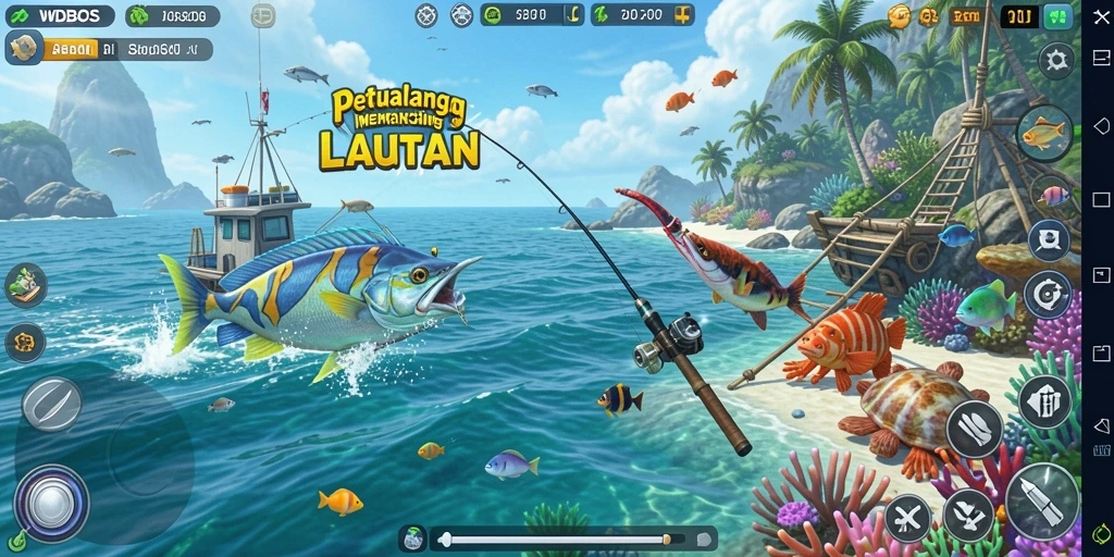 Gameplay WDBOS menampilkan petualangan seru dalam memancing di lautan.