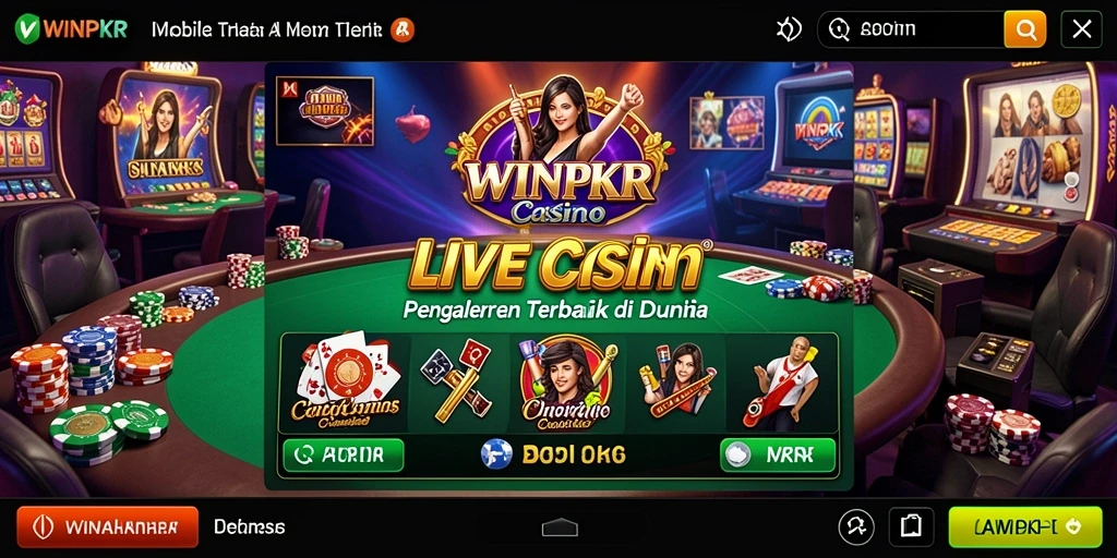 Screenshot gameplay WINPKR yang menunjukkan dealer langsung di meja kasino.