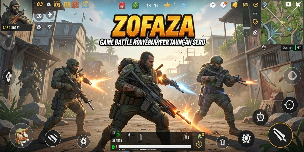Tampilan epic gameplay seru ZOFAZA dalam pertempuran Battle Royale.
